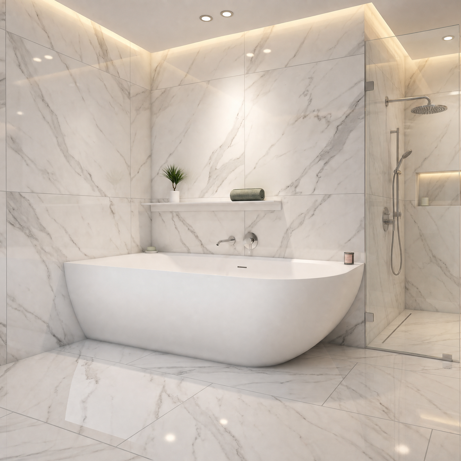 A modern freestanding bathtub in a bright marble-look bathroom with a glass shower enclosure, matching tiled walls and floor, recessed lighting, and built-in shelves.