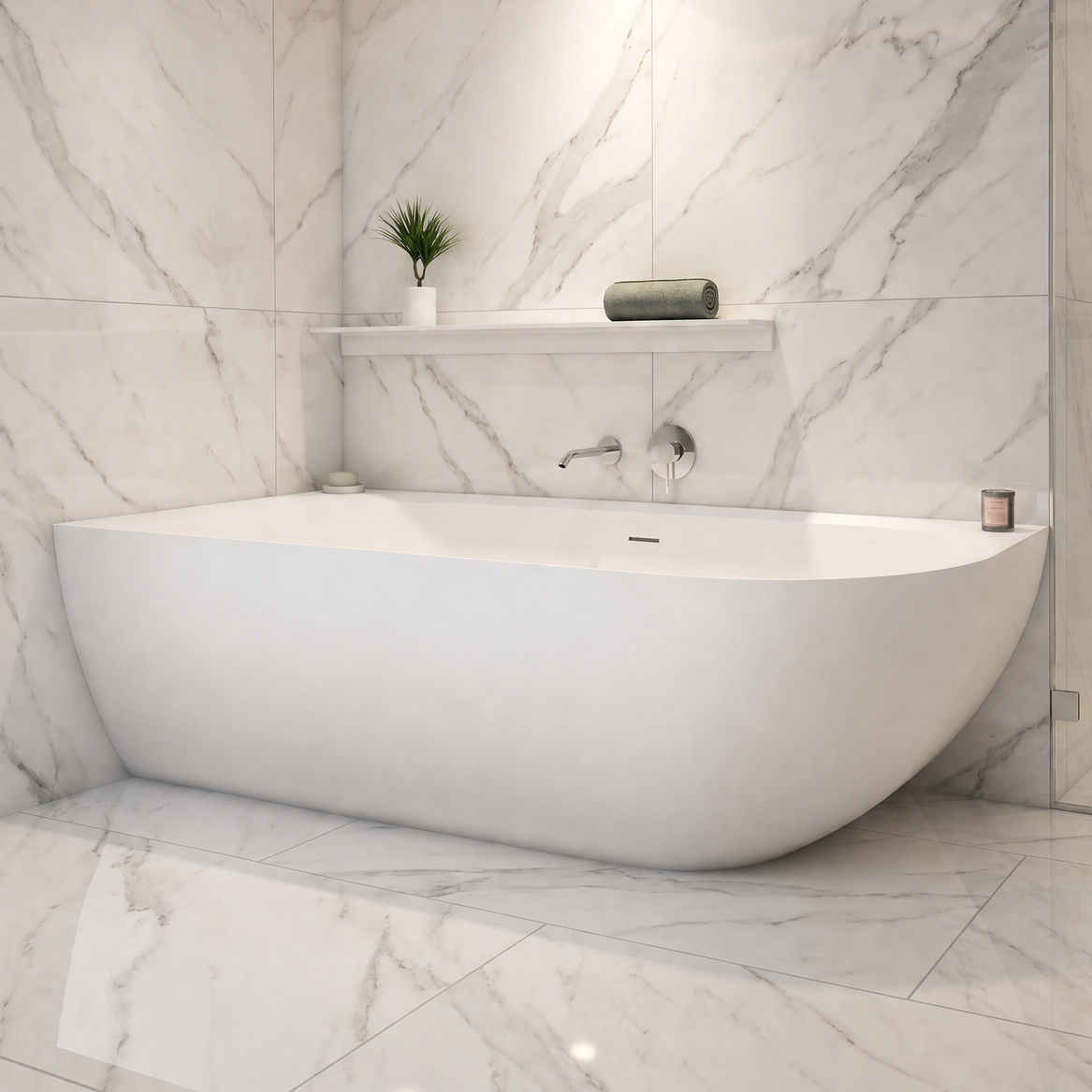 A modern freestanding bathtub in a bright marble-look bathroom with a glass shower enclosure, matching tiled walls and floor, recessed lighting, and built-in shelves.