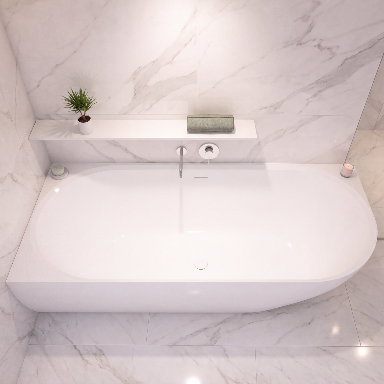 A modern white freestanding bathtub set into a light marble bathroom with a matching marble surround, a small shelf with a plant and soap, and a chrome faucet.