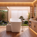 A modern freestanding white bathtub in a minimalist Japanese-style bathroom with light wood flooring, shoji-style walls, and an outdoor garden visible through the back.