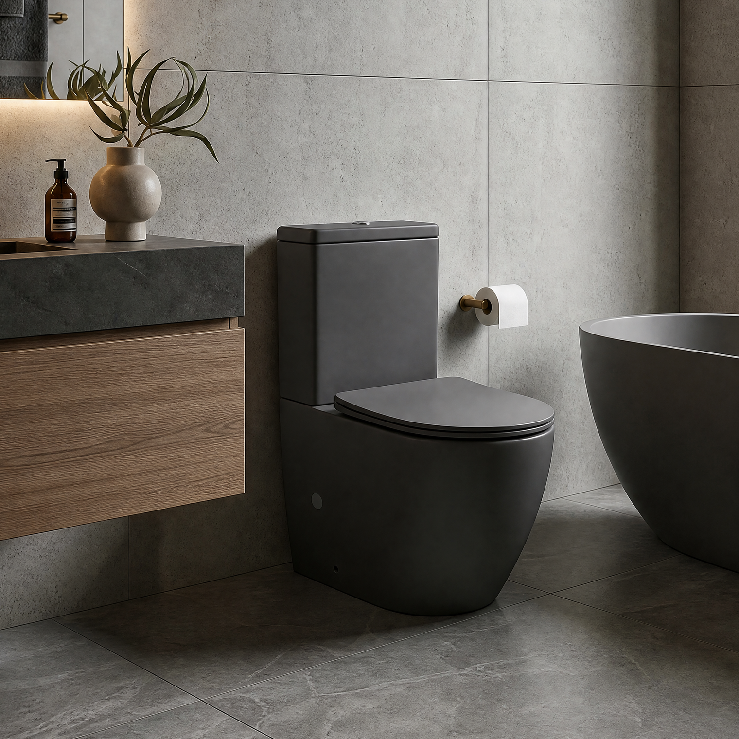 A modern bathroom scene featuring a matte black wall-mounted toilet, a matching freestanding bathtub, a floating vanity with wood grain and dark stone, and large gray stone tiles on the walls and floor.
