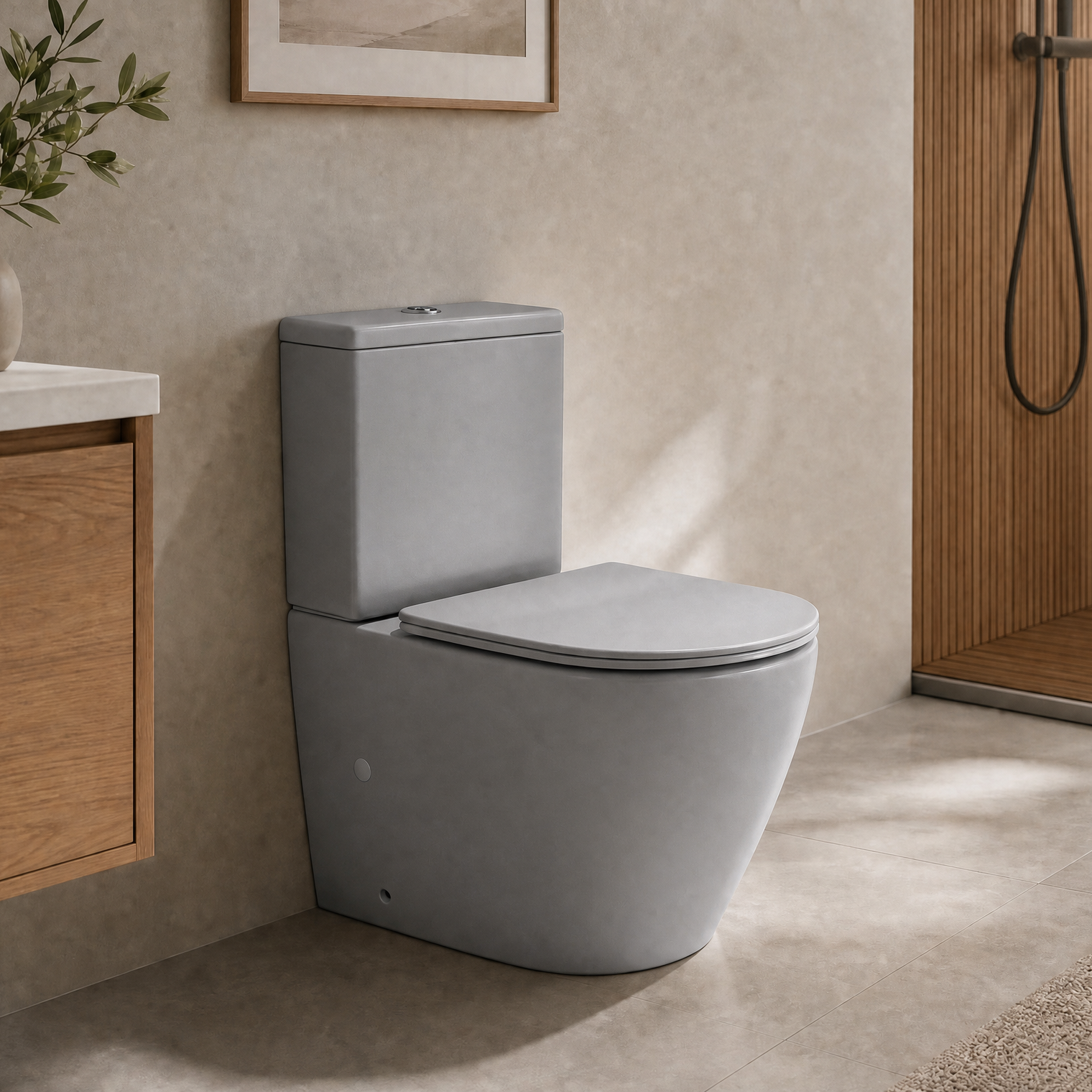 A modern gray ceramic toilet with a closed lid, positioned in a minimalist bathroom setting with beige walls, a wooden vanity, and a glass shower enclosure.