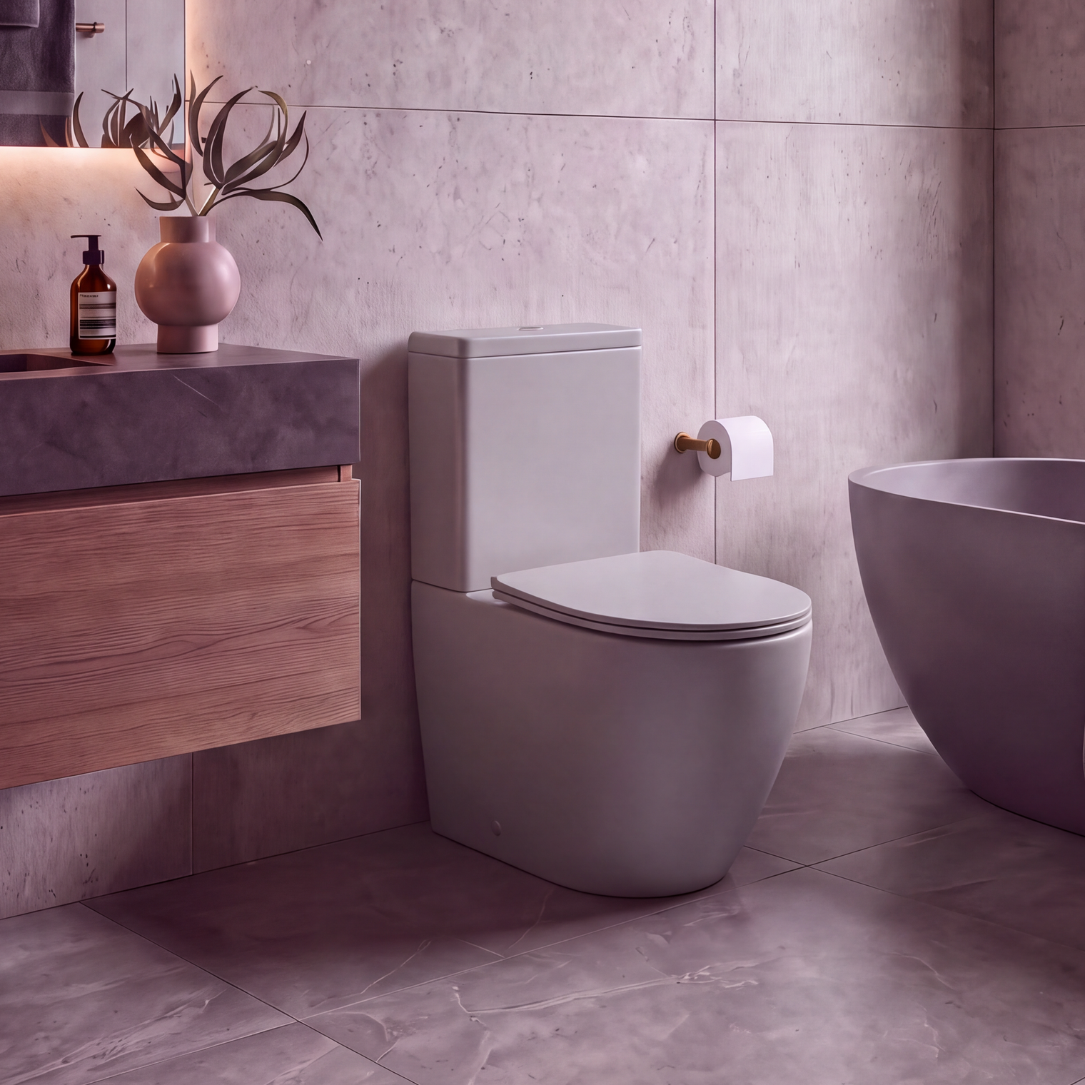 A modern bathroom interior with a white toilet, a floating wooden vanity with a dark countertop, a freestanding bathtub, and large textured stone-look tiles in a muted mauve-gray palette.