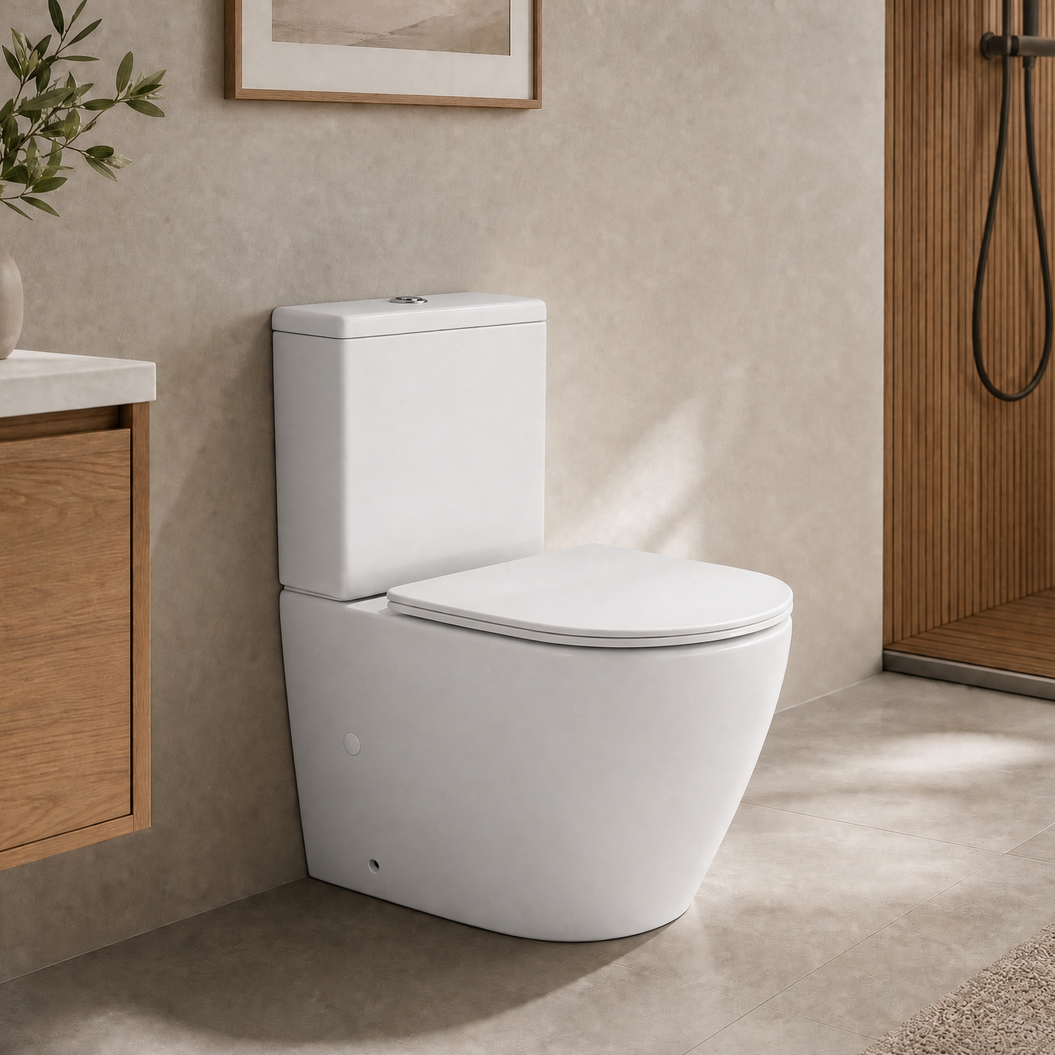 A modern white 2-piece wall-mounted toilet shown in a real bathroom setting with beige walls, wood cabinetry, a shower area, and a rug.