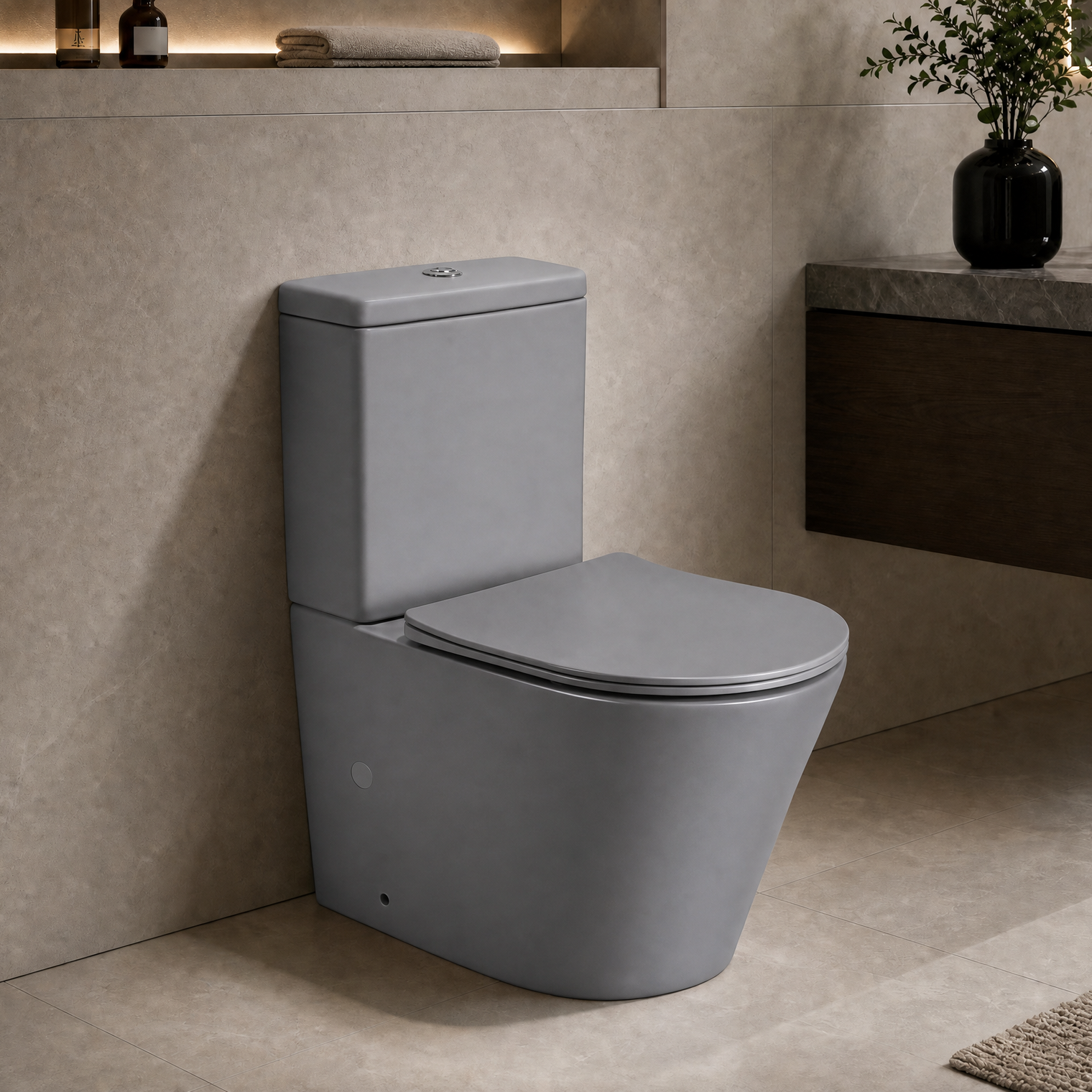 A modern high-waisted grey ceramic toilet shown in a contemporary bathroom setting with beige walls, a floating dark wood vanity, and a stone countertop.