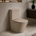 A modern 2-piece ceramic toilet in a warm beige/taupe color, shown installed in a contemporary bathroom with textured stone walls, a floating dark wood vanity, and a hanging sink.
