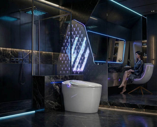 Modern bathroom with a toilet and shower area, featuring a woman sitting on a chair.