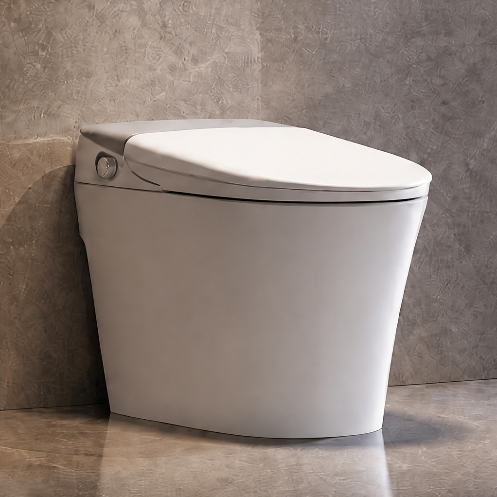 Modern toilet in a bathroom with a scenic view of a house by the water.
