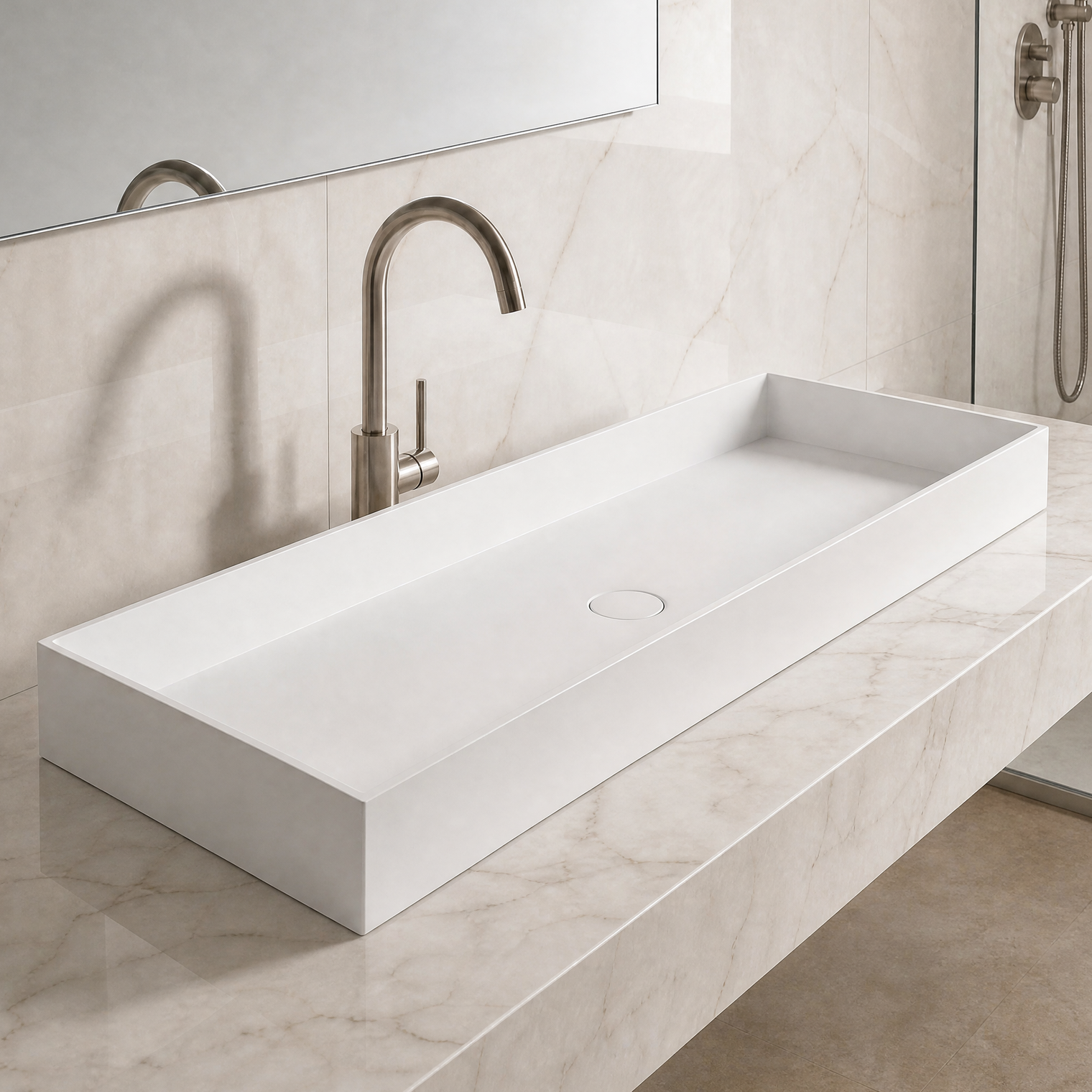 Modern bathroom sink with faucet in a marble-like setting