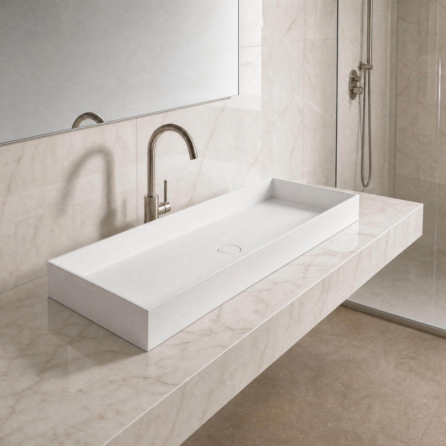 Modern bathroom sink with faucet in a marble-like setting
