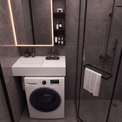 A modern bathroom scene featuring a white wall-mounted sink and washing machine combo, a black-framed glass shower enclosure, dark gray stone-look tiles, and a lit mirror.