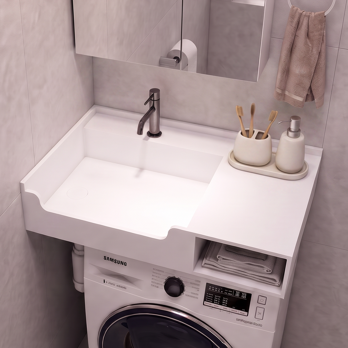 A compact bathroom vanity setup with a white sink and countertop, integrated washing machine underneath, shown in a tiled bathroom. A mirror, faucet, soap dispenser, and toilet paper holder are visible.