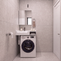 A compact bathroom setup featuring a white front-loading washing machine integrated beneath a matching white sink and mirror, set against light gray tiled walls and floor.
