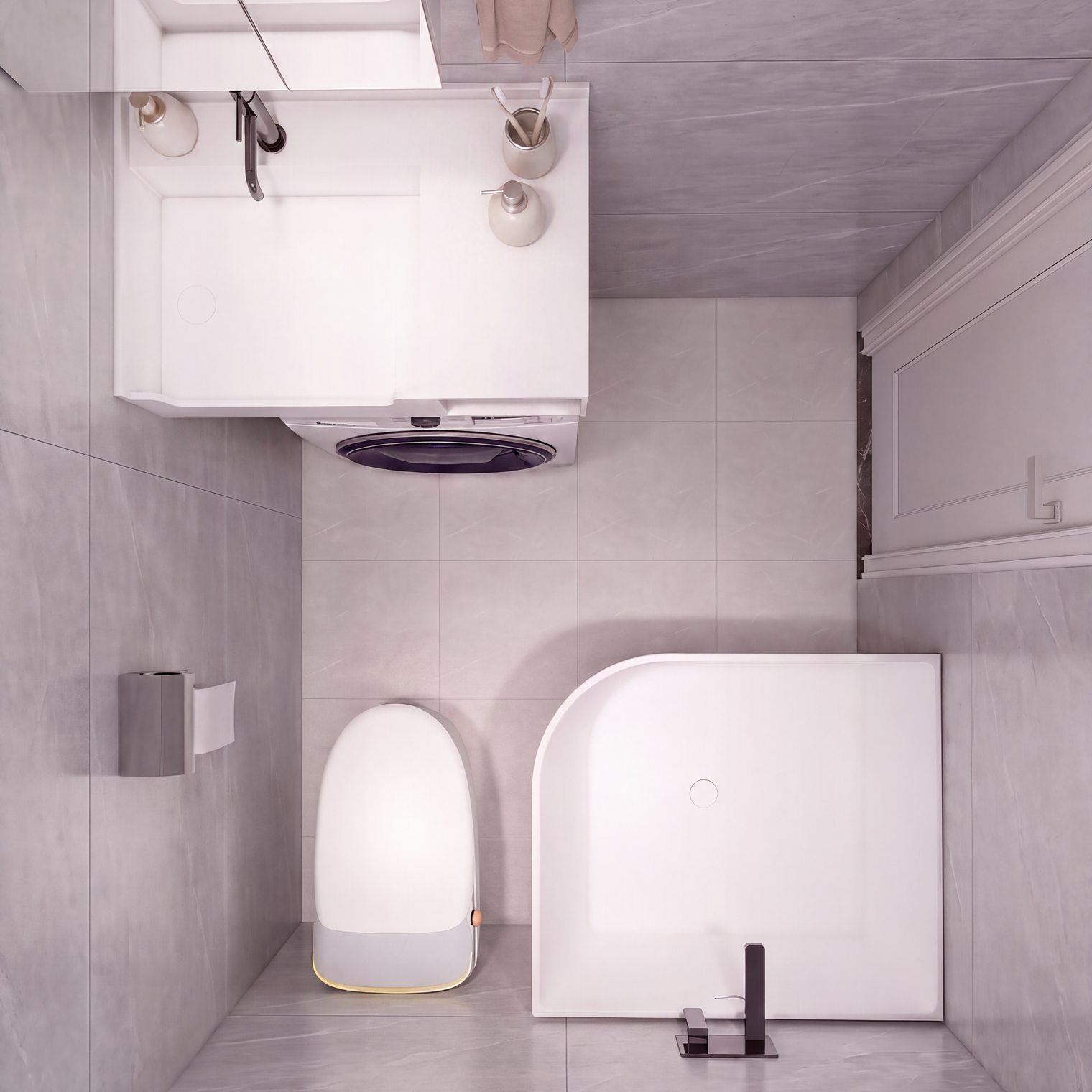 A modern compact bathroom layout with light gray tiled walls and floor, featuring a white freestanding bathtub, a white wall-mounted vanity with sink and mirror, a toilet, and a built-in washing machine, plus a small window on the left.