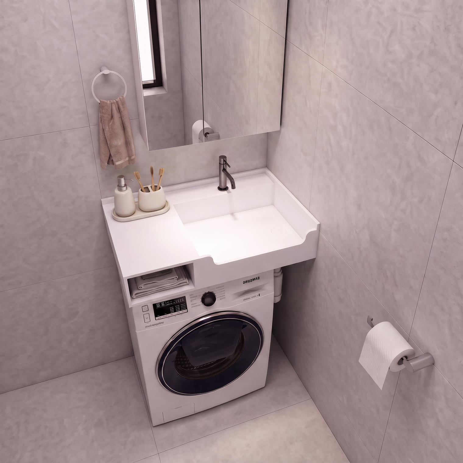 A compact bathroom vanity setup with a white sink and countertop, integrated washing machine underneath, shown in a tiled bathroom. A mirror, faucet, soap dispenser, and toilet paper holder are visible.