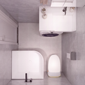 A modern compact bathroom layout with light gray tiled walls and floor, featuring a white freestanding bathtub, a white wall-mounted vanity with sink and mirror, a toilet, and a built-in washing machine, plus a small window on the left.