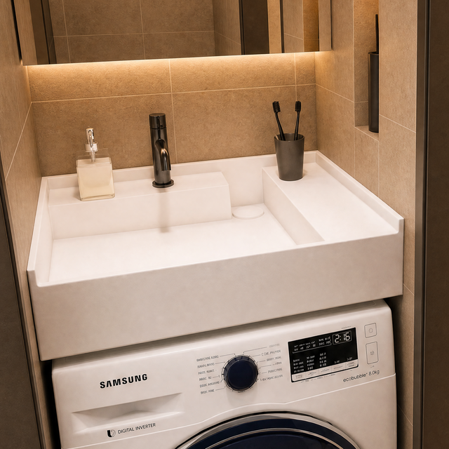 A Samsung front-load washing machine in a modern bathroom setting next to a walk-in shower stall with beige tiled walls.