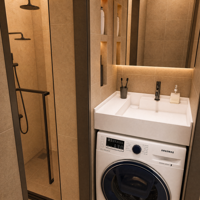 A Samsung front-load washing machine in a modern bathroom setting next to a walk-in shower stall with beige tiled walls.