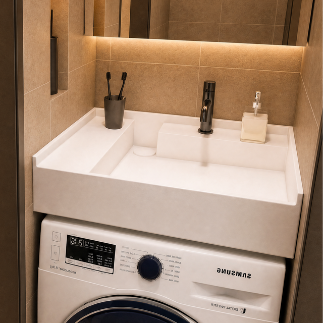 A Samsung front-load washing machine in a modern bathroom setting next to a walk-in shower stall with beige tiled walls.
