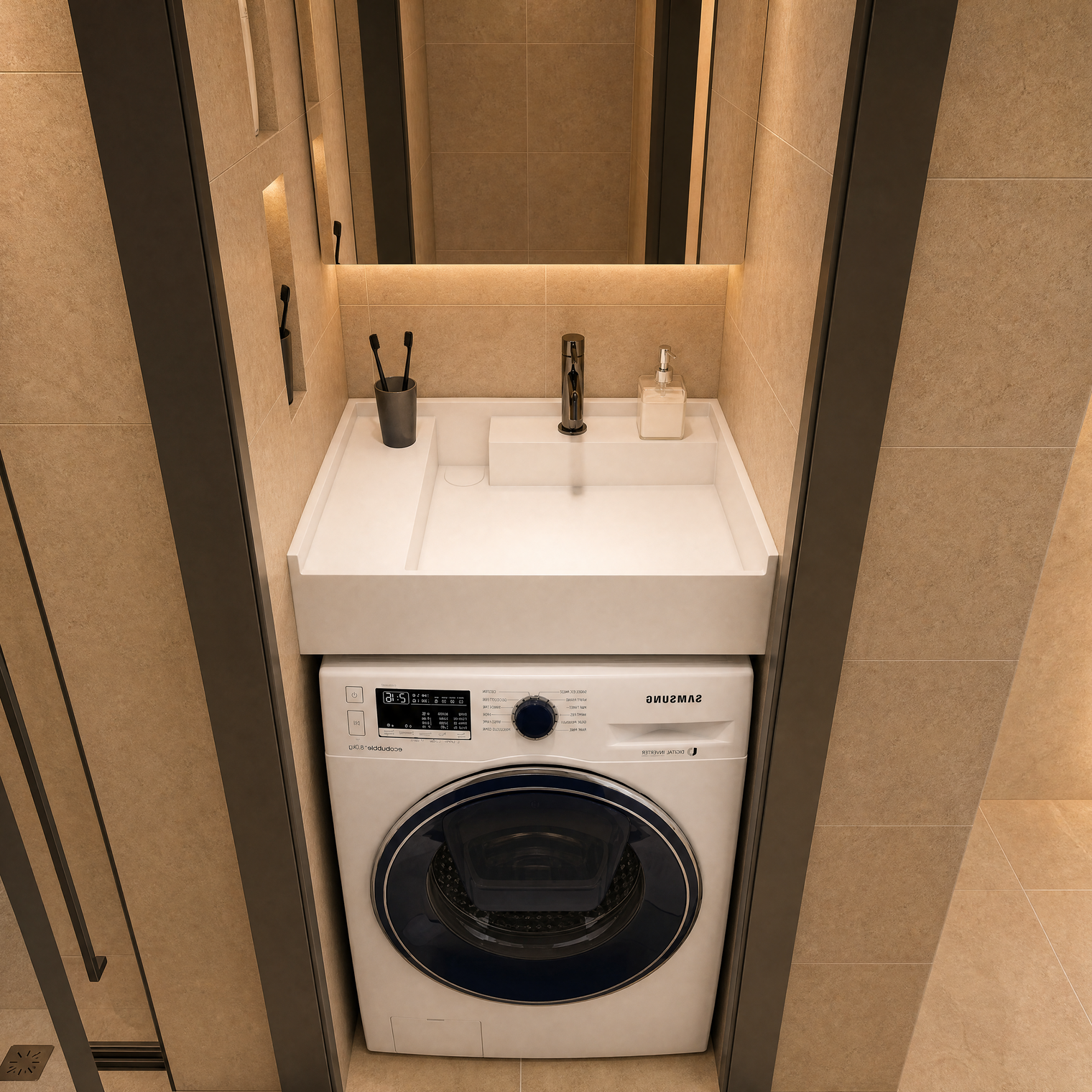 A Samsung front-load washing machine integrated beneath a white countertop sink with a chrome faucet in a tiled bathroom or laundry room.