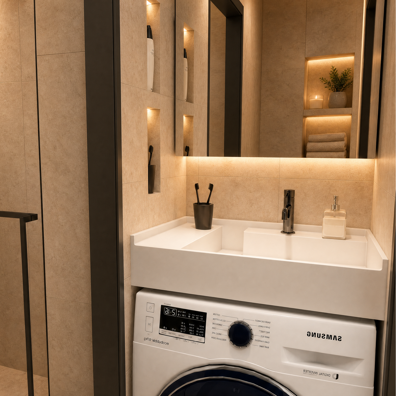 A modern bathroom vanity setup featuring a white Samsung washing machine integrated beneath a white sink with a chrome faucet, set against warm beige stone walls with built-in shelving and a glass shower enclosure.