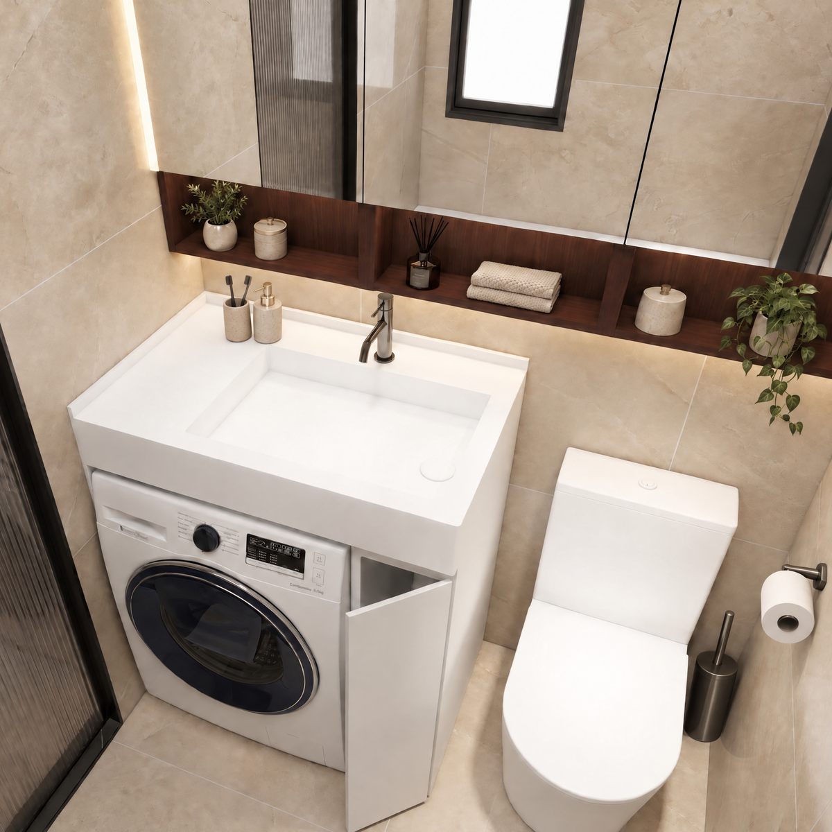 A modern white bathroom vanity cabinet with an integrated sink and a front-loading washing machine, shown in a tiled bathroom next to a toilet and under a mirror.