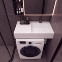 A modern bathroom setup featuring a white rectangular sink countertop with a matte black faucet, integrated into a white front-loading washing machine. The unit is set against dark gray tiled walls under a black-framed mirror with warm lighting.