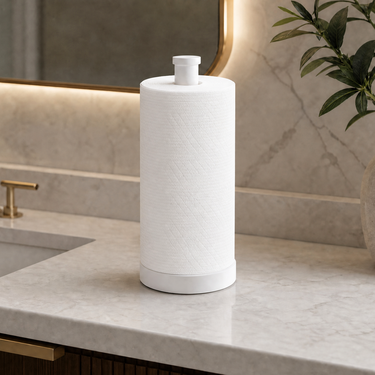 A white cylindrical countertop paper towel holder with a textured paper towel roll inserted, shown on a light marble bathroom counter beside a sink and a potted plant.
