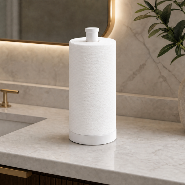 A white cylindrical countertop paper towel holder with a textured paper towel roll inserted, shown on a light marble bathroom counter beside a sink and a potted plant.