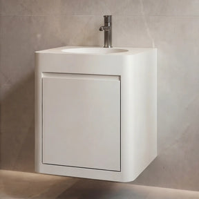 Modern bathroom with a sink, mirror, and shelves.