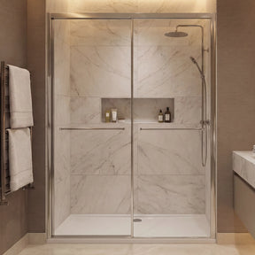Modern bathroom with shower, sink, and towel rack.