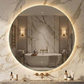 Bathroom with a round illuminated mirror, marble walls, and a bathtub.