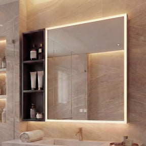 Modern bathroom with a vanity, mirror, and shower area.