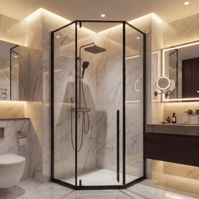 Modern bathroom with shower enclosure, toilet, and vanity area.
