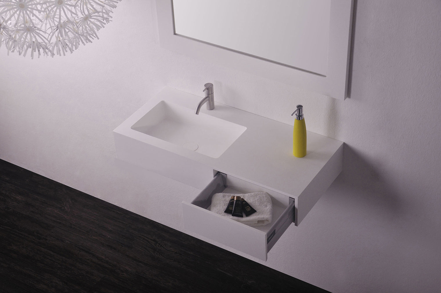 INFINITE | Vesta WM 90L with Drawer | Wall Mount Washbasin | INFINITE Solid Surfaces