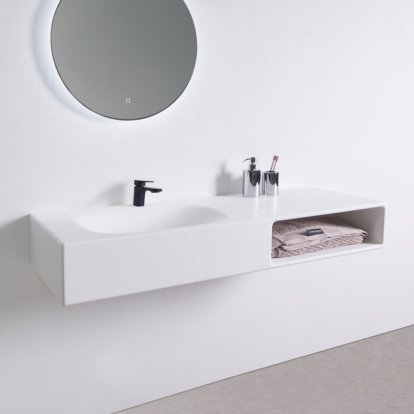 INFINITE | Spio WM 140L with Shelf | INFINITE Solid Surfaces