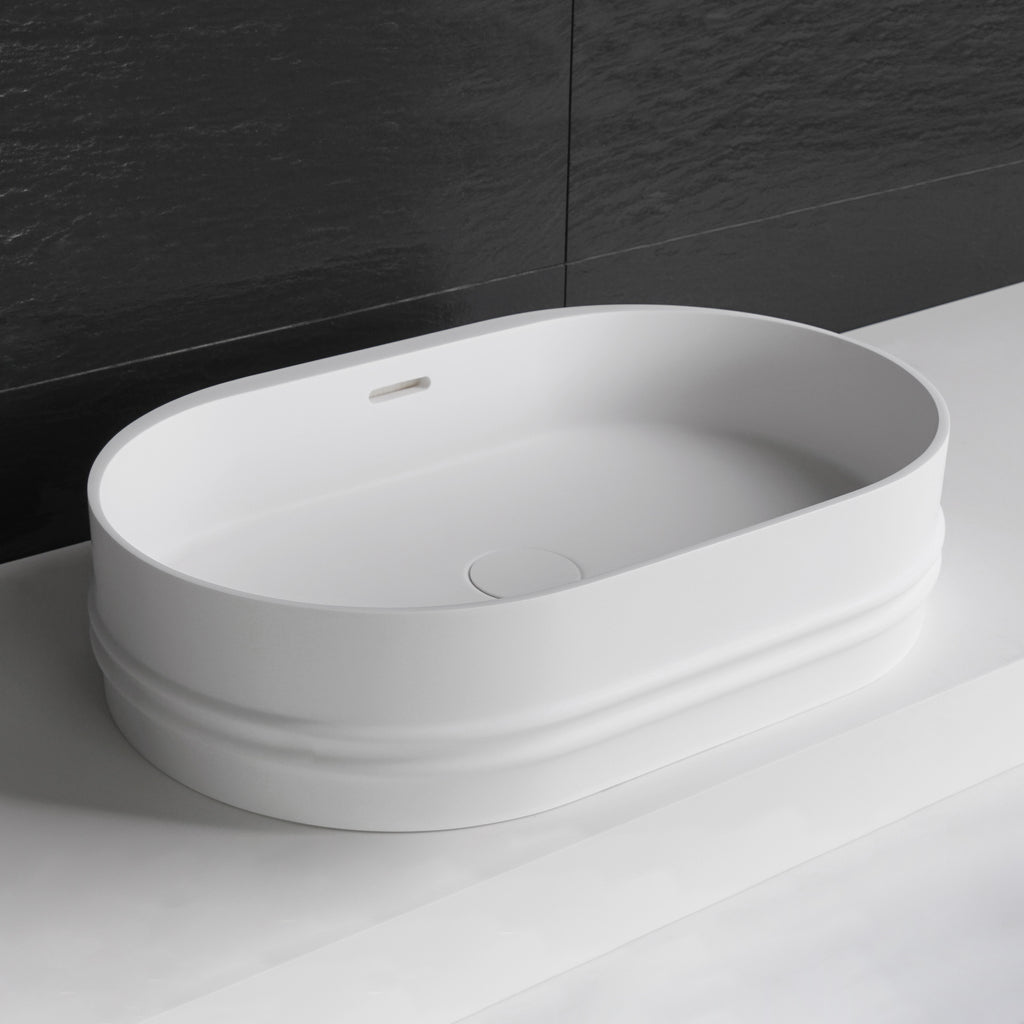 Foggia 55 Designer Solid Surfaces Overcounter Washbasin Foggia系列55CM橢圓型設計師檯上式臉盆採用特別溢水設計
